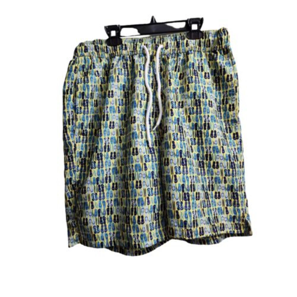 Thomas Dean‎ Mens Size 31 Swim Short Flip Flop Print Yellow Blue Drawstring